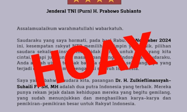 Surat anjuran dukungan kepada pasangan calon (paslon) nomor urut 2, Zulkieflimansyah-Suhaili (Zul-Uhel) yang dianggap hoax. (Eks)