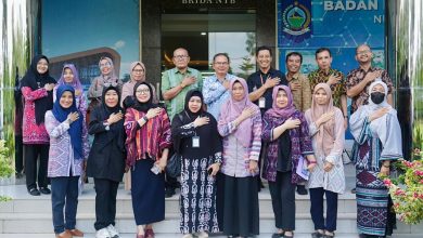 Kepala Brida NTB I Gede Putu Aryadi bersama perwakilan dari Inspektorat, Bappenda, Biro Hukum Setda, Biro Pemerintahan dan Otonomi Daerah, Dinas Lingkungan Hidup dan Kehutanan, Dinas Tenaga Kerja dan Transmigrasi NTB, serta Kepala UPTB Pemanfaatan Riset BPKAD NTB foto DDI depan kantor Brida NTB. (Iba)