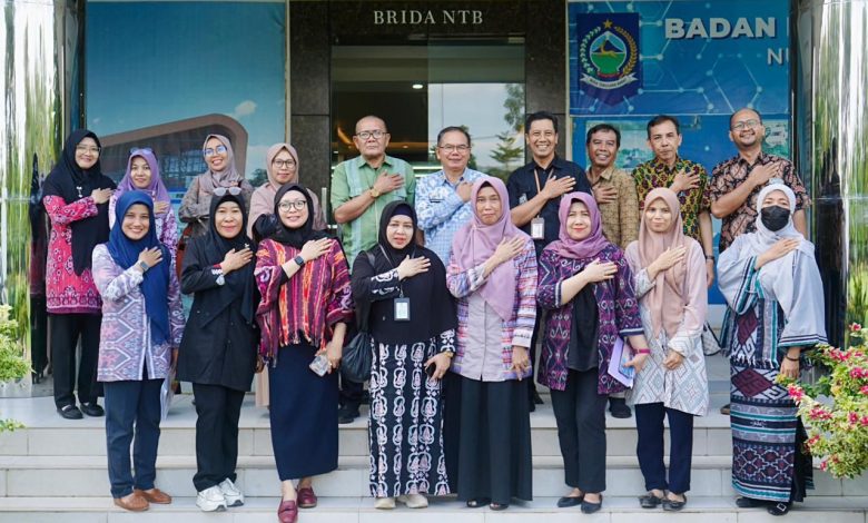 Kepala Brida NTB I Gede Putu Aryadi bersama perwakilan dari Inspektorat, Bappenda, Biro Hukum Setda, Biro Pemerintahan dan Otonomi Daerah, Dinas Lingkungan Hidup dan Kehutanan, Dinas Tenaga Kerja dan Transmigrasi NTB, serta Kepala UPTB Pemanfaatan Riset BPKAD NTB foto DDI depan kantor Brida NTB. (Iba)