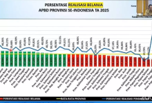 Persentase realisasi belanja APBD provinsi se-Indonesia 2025 dalam diagram batang dan garis. (Fen/Ist)