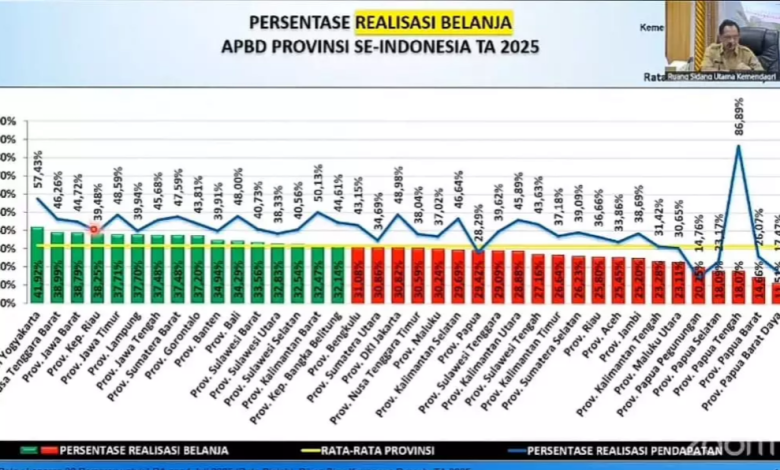 Persentase realisasi belanja APBD provinsi se-Indonesia 2025 dalam diagram batang dan garis. (Fen/Ist)
