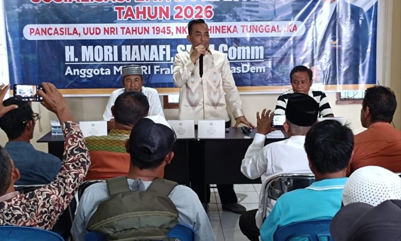 Anggota MPR RI Mori Hanafi saat menggelar sosialisasi 4 pilar MPRI di Kota Bima, Sabtu 16 Mei 2026 pagi. (fend)